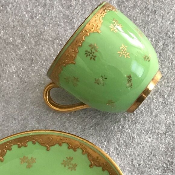 Coalport England Green Gold Gilt Embossed Trim Floral Demitasse Cup & Saucer Set - Picture 8 of 16